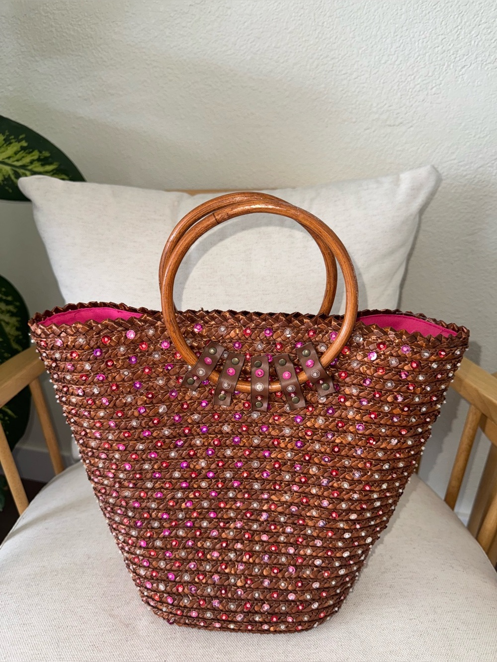 Victoria's Secret Y2K Boho Straw Woven Sequin Bucket Tote Purse Wooden Handles